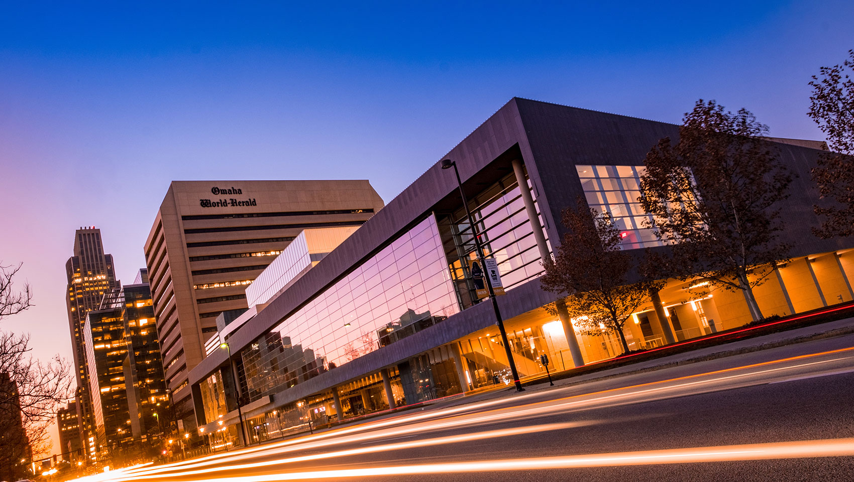 holland performing arts center at night with lights