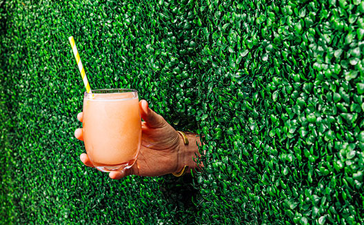hand holding a peach-colored frozen cocktail pokes out of the bushes